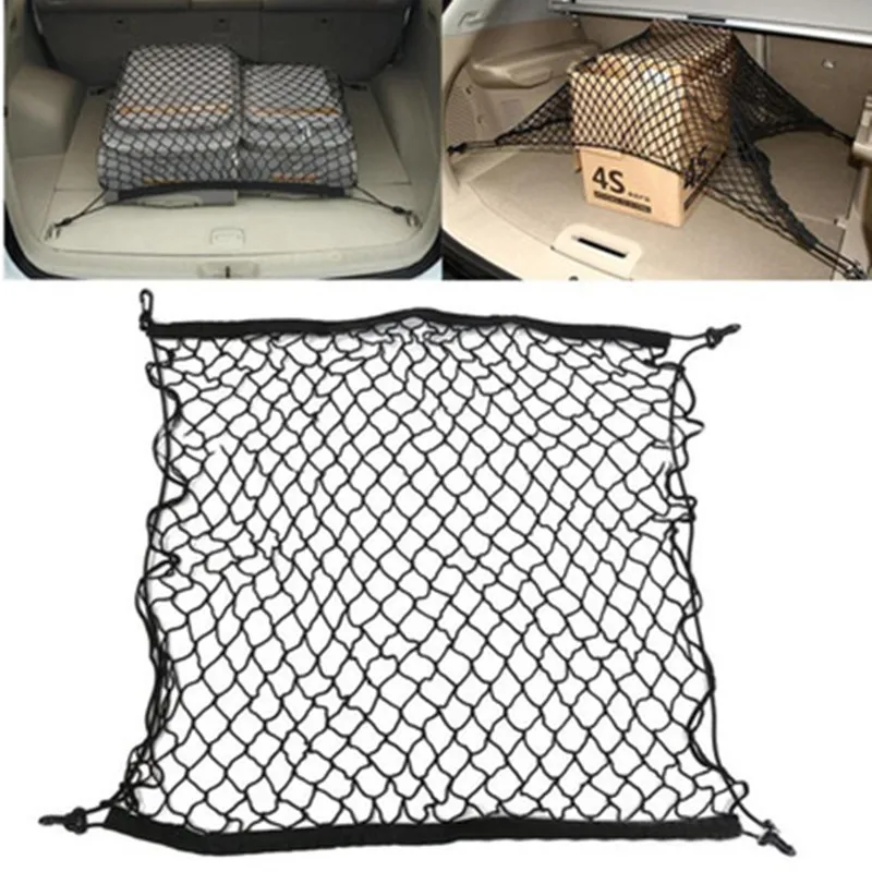 Car Trunk Net Luggage Storage Cargo Organizer Nylon Stretchable Elastic Mesh Net with 4 Plastic Hooks 70*70  Universal   black