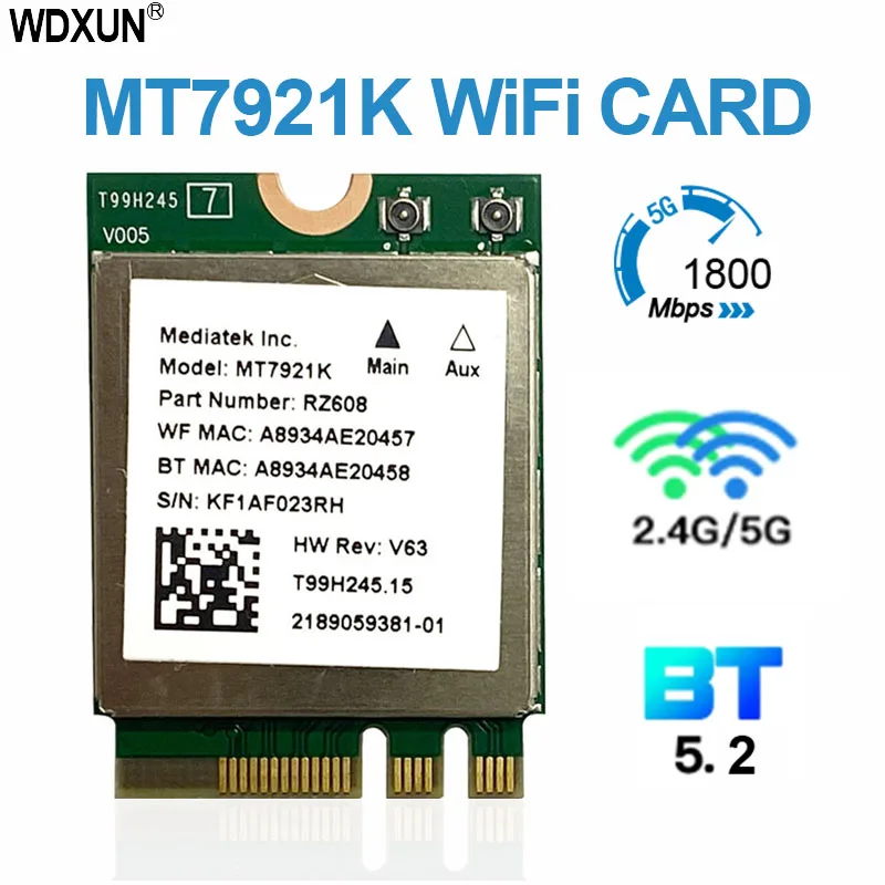 Wi-Fi 6 MediaTek MT7921k MT7921 wifi 6 1800M Bluetooth 5.2 wireless WIFI network card NGFF m.2 support windows10 / 11