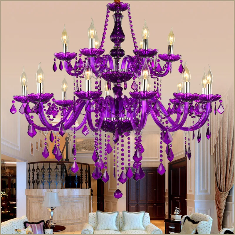 Purple Luxury Crystal Chandelier for Living Room Decor Villa Bedroom Wedding Pendant Light Hotel Restaurant Bar Hanging Lamps