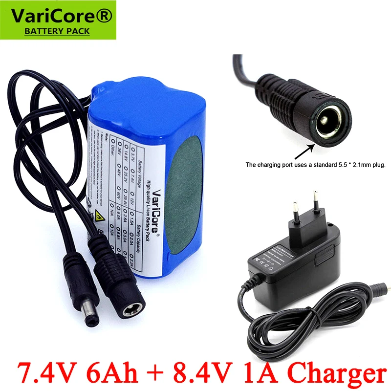 VariCore Protect 7.4 V 6000mAh 8.4V 18650 Li-lon Battery bike lights Head lamp special battery pack DC 5.5*2.1MM + 1A Charger