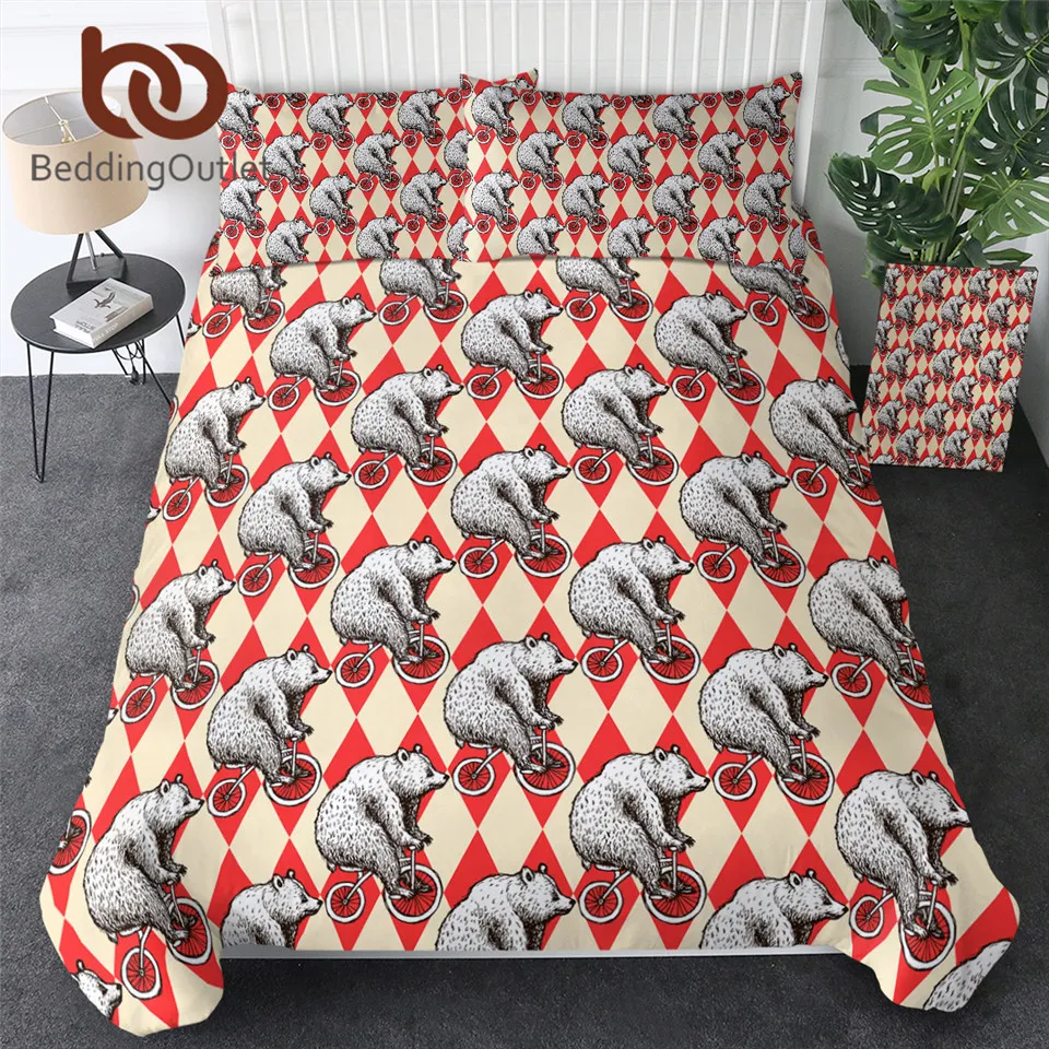 

BeddingOutlet Bears Bedding Set Animal Bike Duvet Cover Set Vintage Circus Home Textiles Geometric Red Bedspreads King Size 3pcs