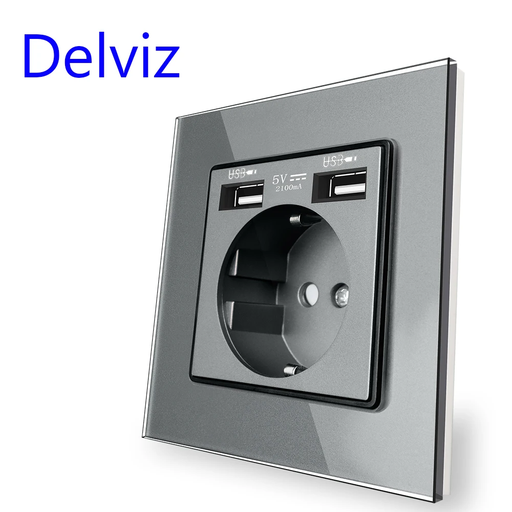 Delviz Toughened Glass Switch, Gray Crystal Panel 16A Wall Power Socket, AC 110V-250V 86mm*86mm, 1 Gang 2 Way Push Button Switch