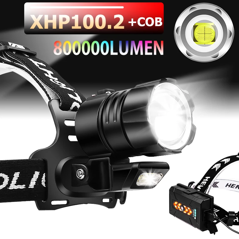 800000LM Xhp100,2 Lampu Kepala USB Led Isi Ulang dengan Lampu COB Xhp70,2 Lampu Depan Kuat Lentera Berburu Tahan Air Menggunakan 3x18650