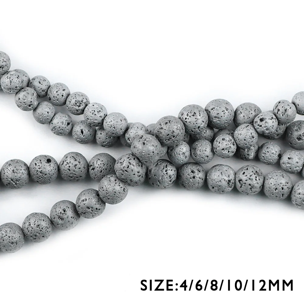 WLYeeS Silver Plated Volcanic Lava Loose Beads Round 4 6 8 10 12mm Natural Stone For Jewelry Making DIY Bracelet Necklace 15\'\'