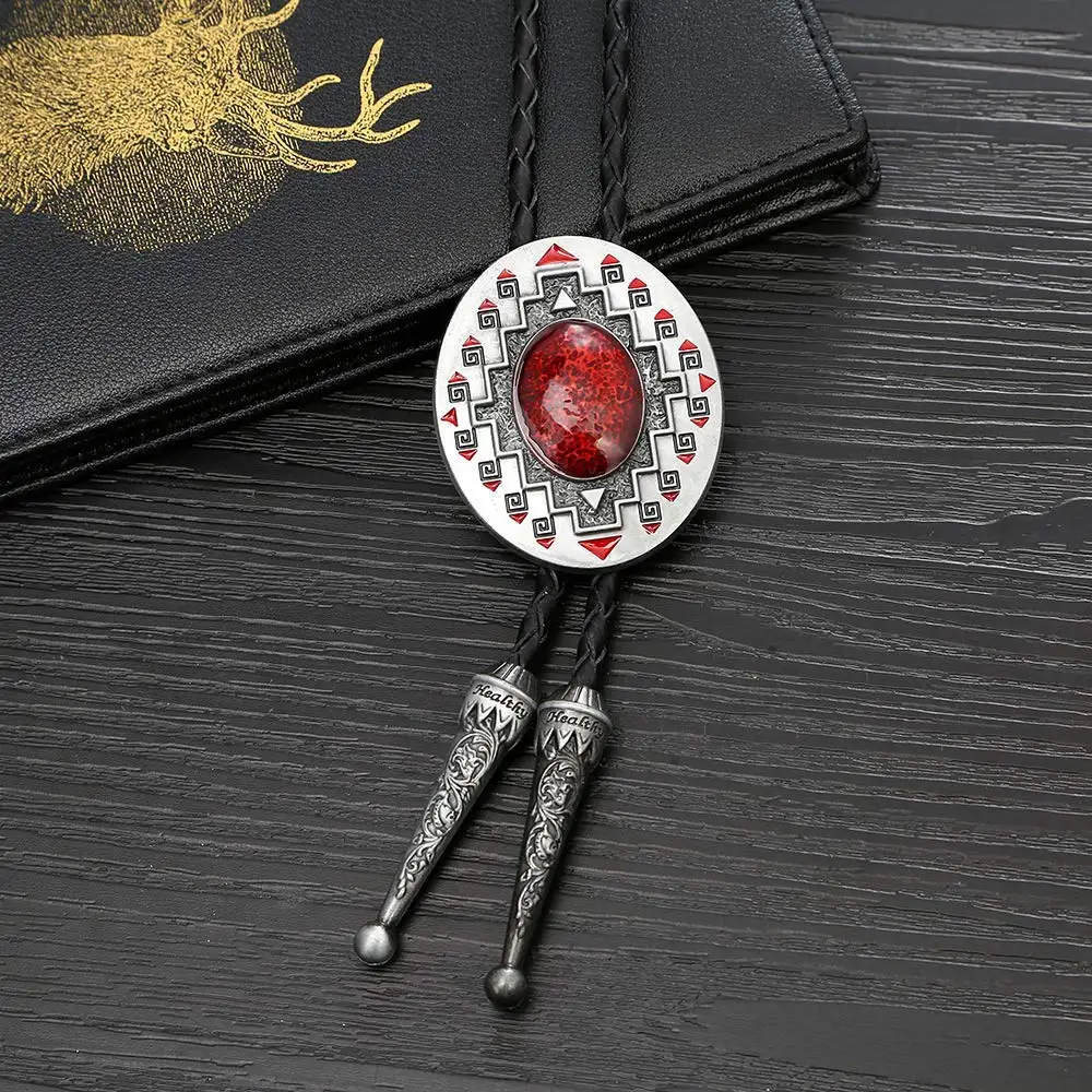 Red turquoise  Bolo tie for woman women Handmade Western  Art Indian Alloy Necktie silvr star Pentagram