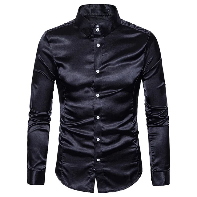 Men\'s Silk Shirt Long Sleeve Lapel Single Breasted Black Gold Satin Casual Slim Fit Social Formal Man Clothing