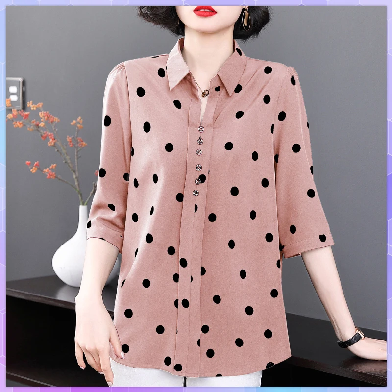 

Women's Chiffon Tee Shirt Oversize Polka Dot Ladies T-shirts 2021 Summer Plus Size Top Female Button-Down Short Sleeve Tops