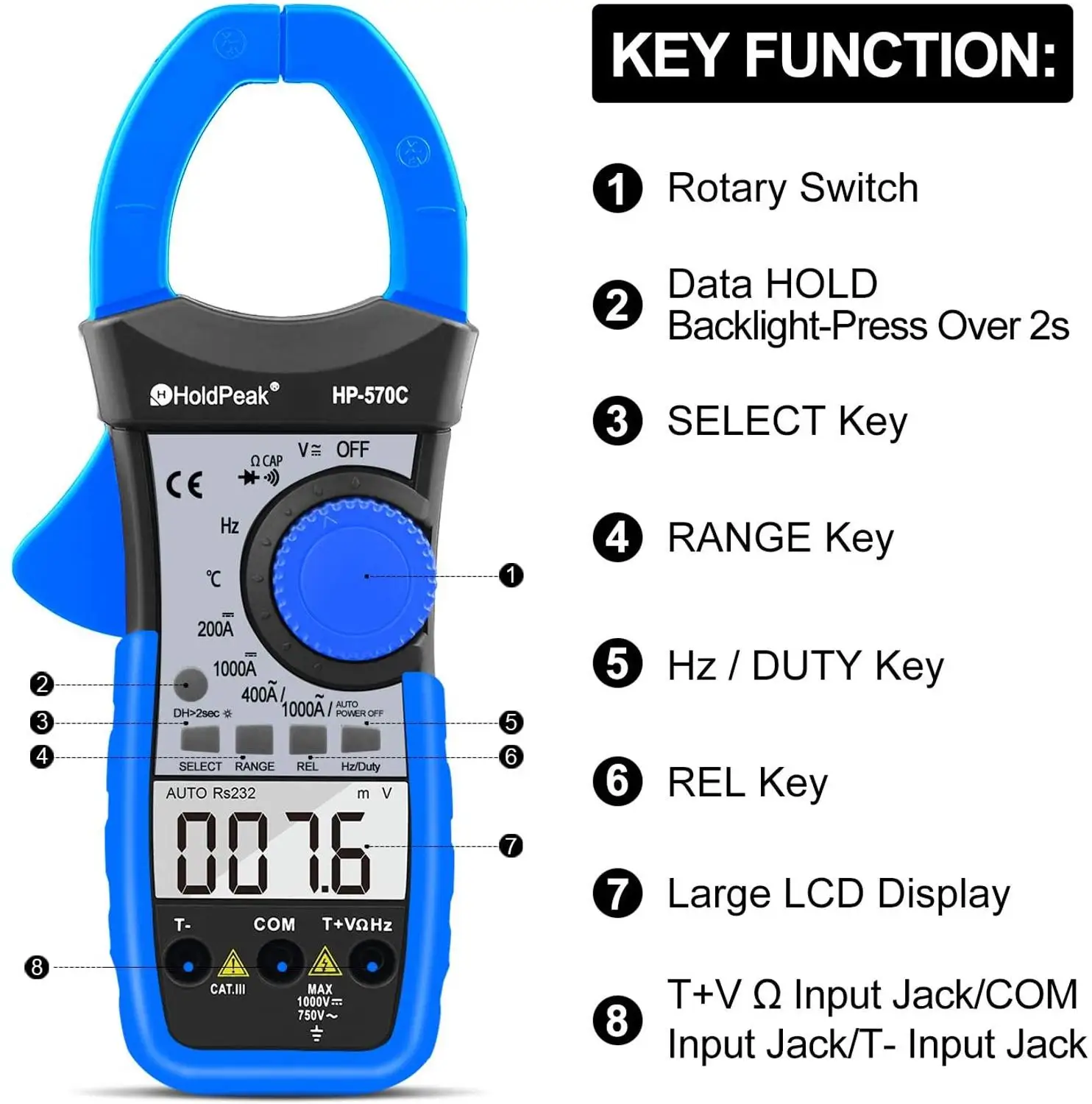 HP-570C Clamp Meter 4000 Count Auto Ranging Multimeter with AC/DC Voltage&Current,Resistance,Capacitance,Frequency,Diode,Hz Test