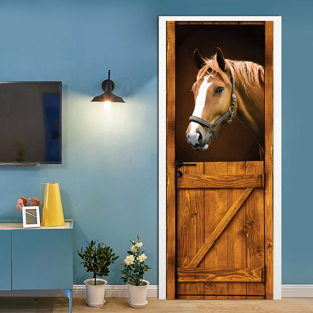 

2pcs/set Horse Barn Door Art Mural Sticker Living Room Bedroom Sliding Doors Home Decor Peel & Stick Waterproof Art Wallpaper