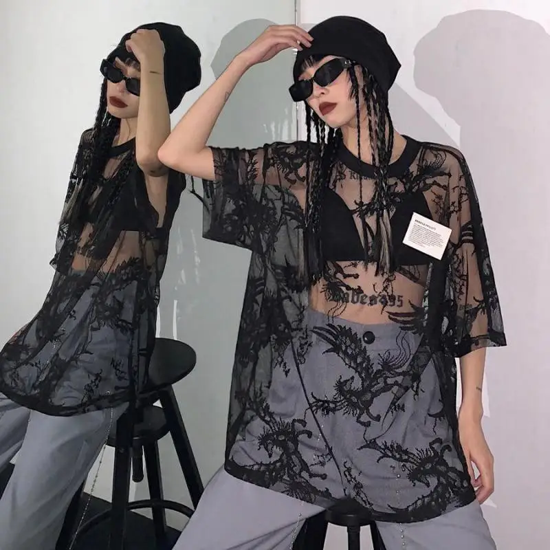 Karrram Summer Sexy Mesh T Shirts Women Lace See Through Oversize Mesh Tops Semitransparent Gothic E Girl T-shirt Streetwear 90s