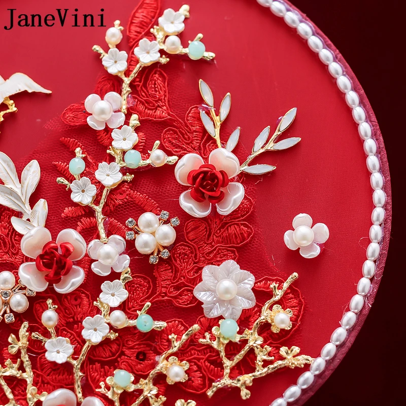 JaneVini Chinese Elegant Red Lace Appliques Bridal Bouquet Fan Type Handmade Flowers Pearls Metal Round Fan Wedding Accessories