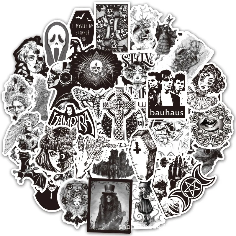 50Pcs Black and White Gothic Style Horror Thriller Stickers Cool Skateboard Motorcycle Guitar Waterproof Sticker Kid Classic Toy