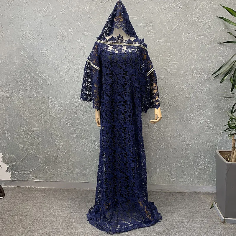 Houseofsd 2024 New Fashion African Style Lace Maxi Dress Traditional Muslim Abaya With Inner & Scarf For Ladies