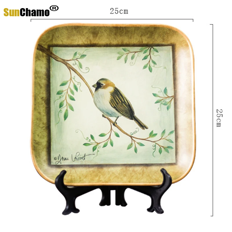 American Pastoral Flower and Bird Ceramic Plate Bookshelf Decoration Living Room Wine Cabinet Appreciation 25CM Sunchamo