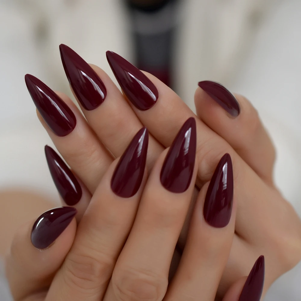 24pcs Burgundy Point Stiletto False Nail Tips Acrylic Salon Full Cover Press On Fake Nails With Jelly Glue Sticker