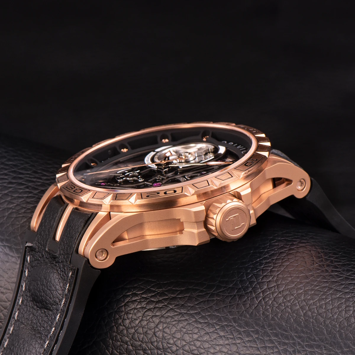 OBLVLO Top Brand New Designer Fashion Watches For Men Skeleton Dial Rose Gold  Automatic Self-Wind Watches Rubber Strap Watch LM