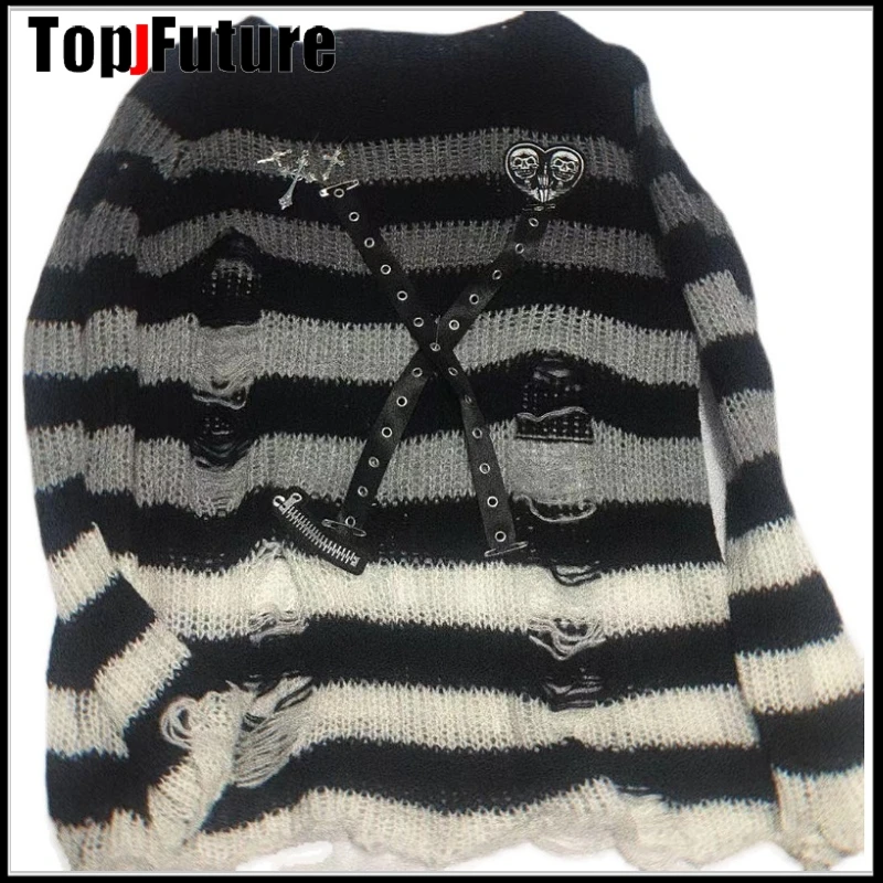 Y2K Women Girl decorat Sweater Gothic Lolita Punk Striped Knitted Sweater Loose Female Harajuku skull chain laziness clothes