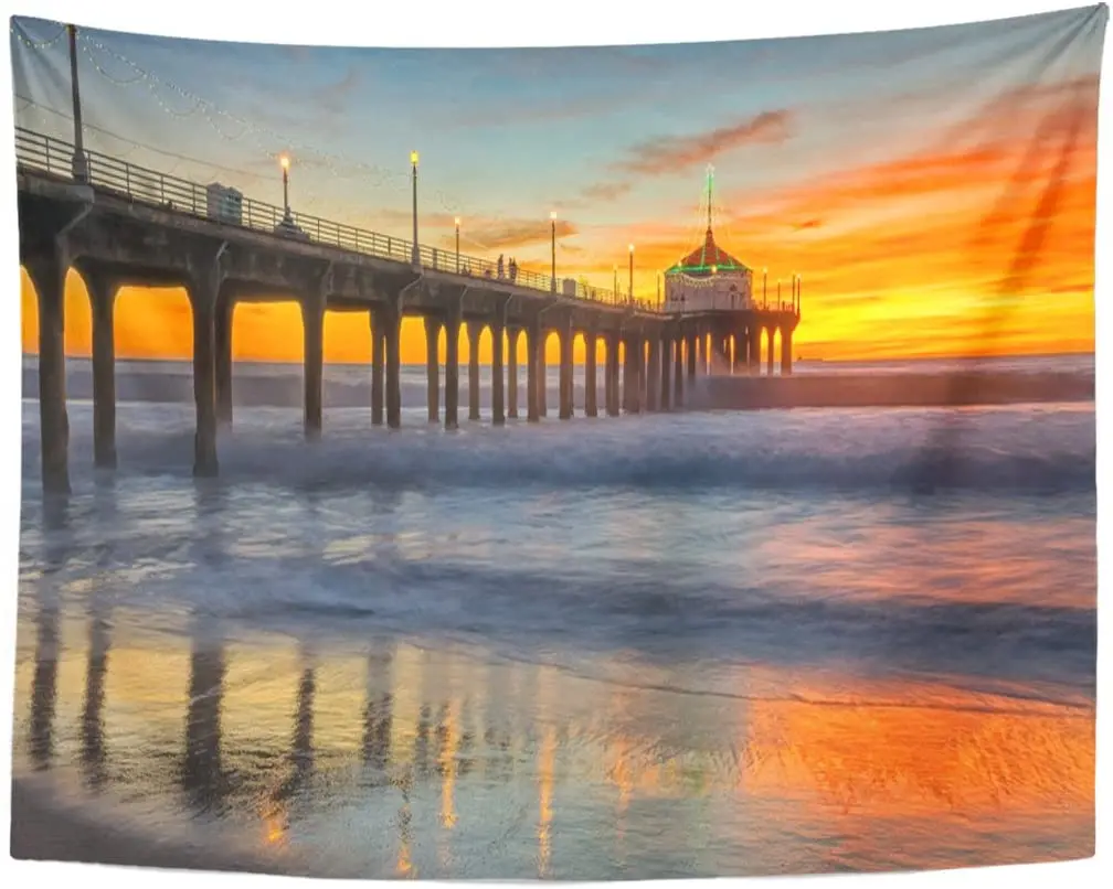 Sun Setting Over Manhattan Beach Pier As Powerful Waves Roll Very Colorful Sky is Reflected on The Tapestry Home Decor Wall Hang