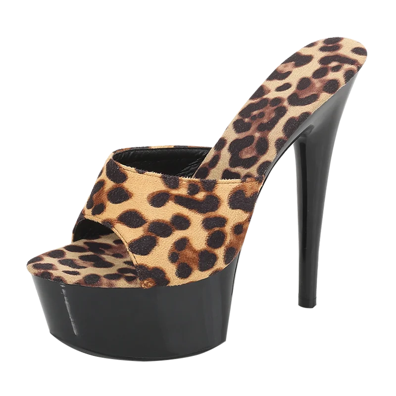 Leopard Print Woman Slippers Sandals Platform 2022 Nightclub Sexy High-heeled 15cm Shoes Slippers Heels Waterproof Thick Bottom