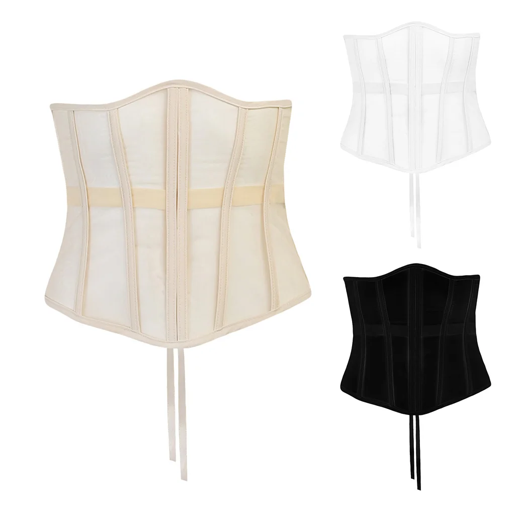 Women Sexy See-Through Mesh Underbust Corset Top Crisscross Lace-Up Bandage Bustier Slimming Waist Belt Cincher Body Shaper .