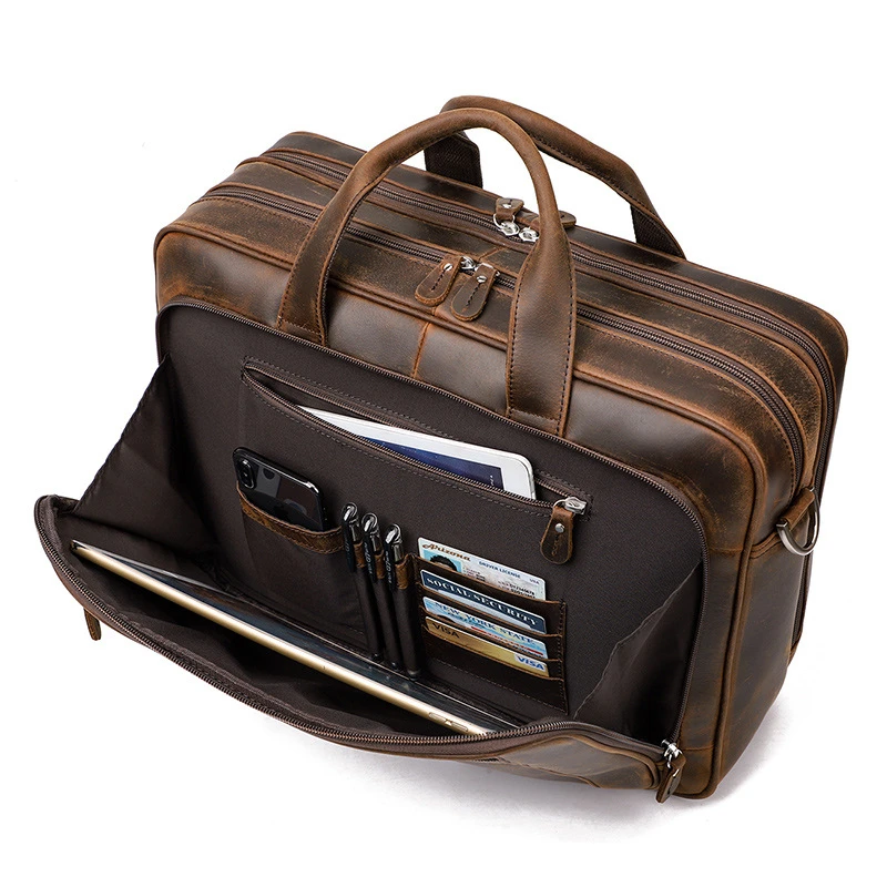 Large Capacity Genuine Leather Men Laptop Bag Vintage Male Handbags For HP DELL ACER 17.3\