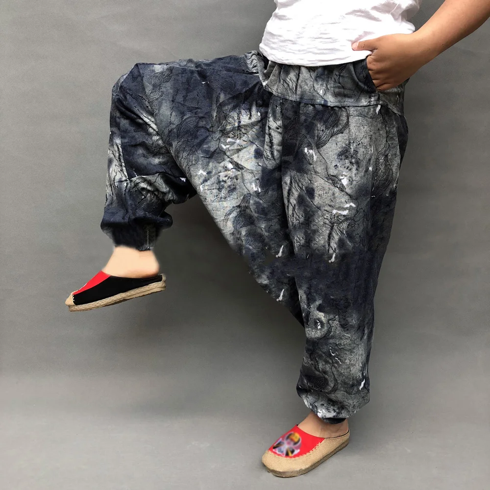 Men's Summer Retro Casual Harem Ethnic Printing Large Crotch Loose Pants Trouser Cotton Linen Comfy Soft Breathable