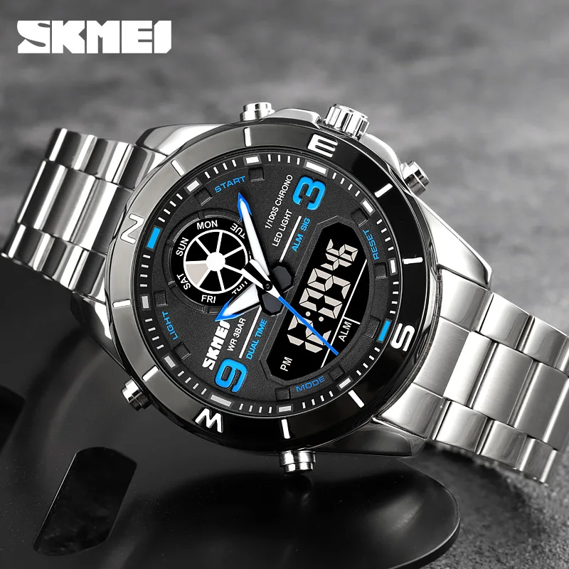 Imagem -04 - Skmei-luxo Homens Relógio de Quartzo de Aço Dual Time Chrono Relógios Digitais Design Original Relógio de Pulso Despertador Marca Top