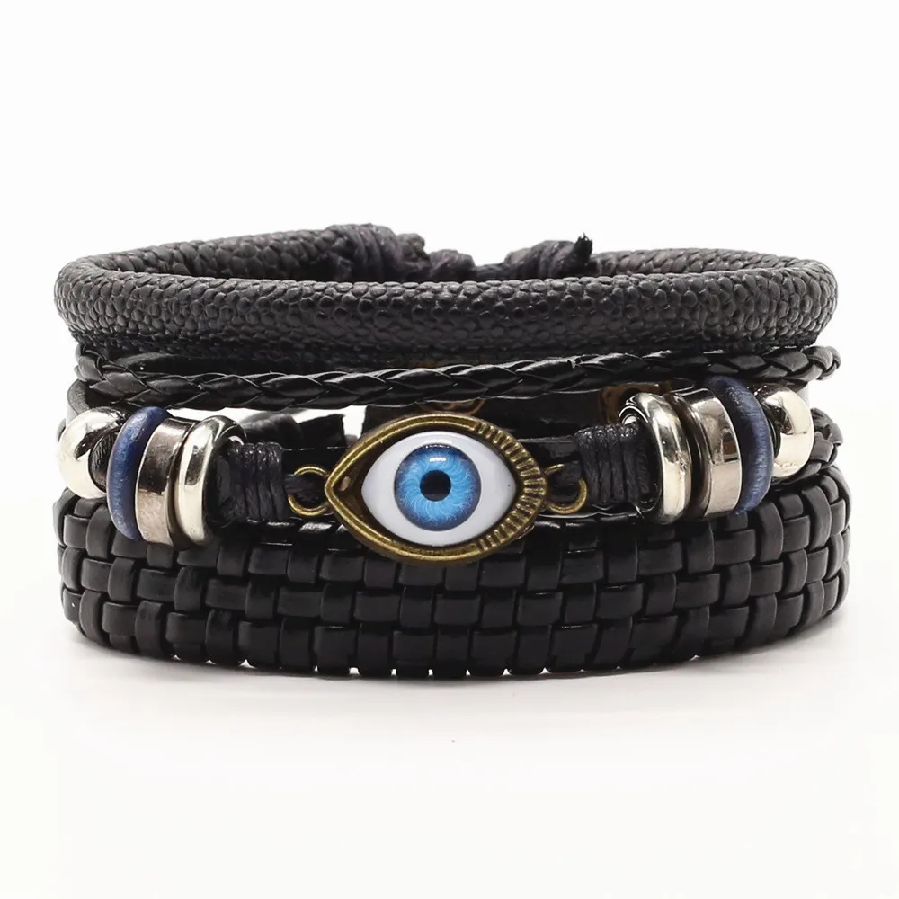 New Arrival Brown Black Leather Bracelets Men Women Bangles Cross Eye Skull JESUS Charm Homme Gift Jewelry 3 Pcs/Set