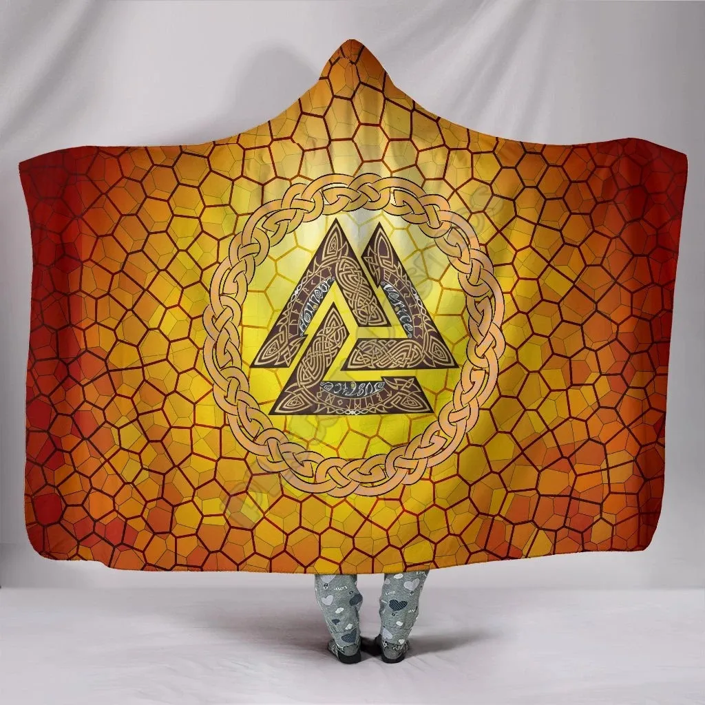 Viking Style Hooded Blanket - Valknut Vignette On A Gold Background 3D Printed Wearable Blanket Adults For Kids Hooded Blanket