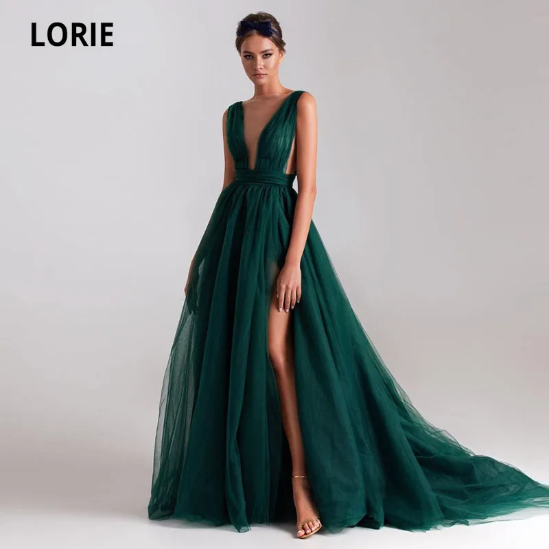 LORIE Emerald Green Prom Dresses Tulle A-Line Long Pleats Side Split African Evening Wedding Party Gown for Graduation 2021