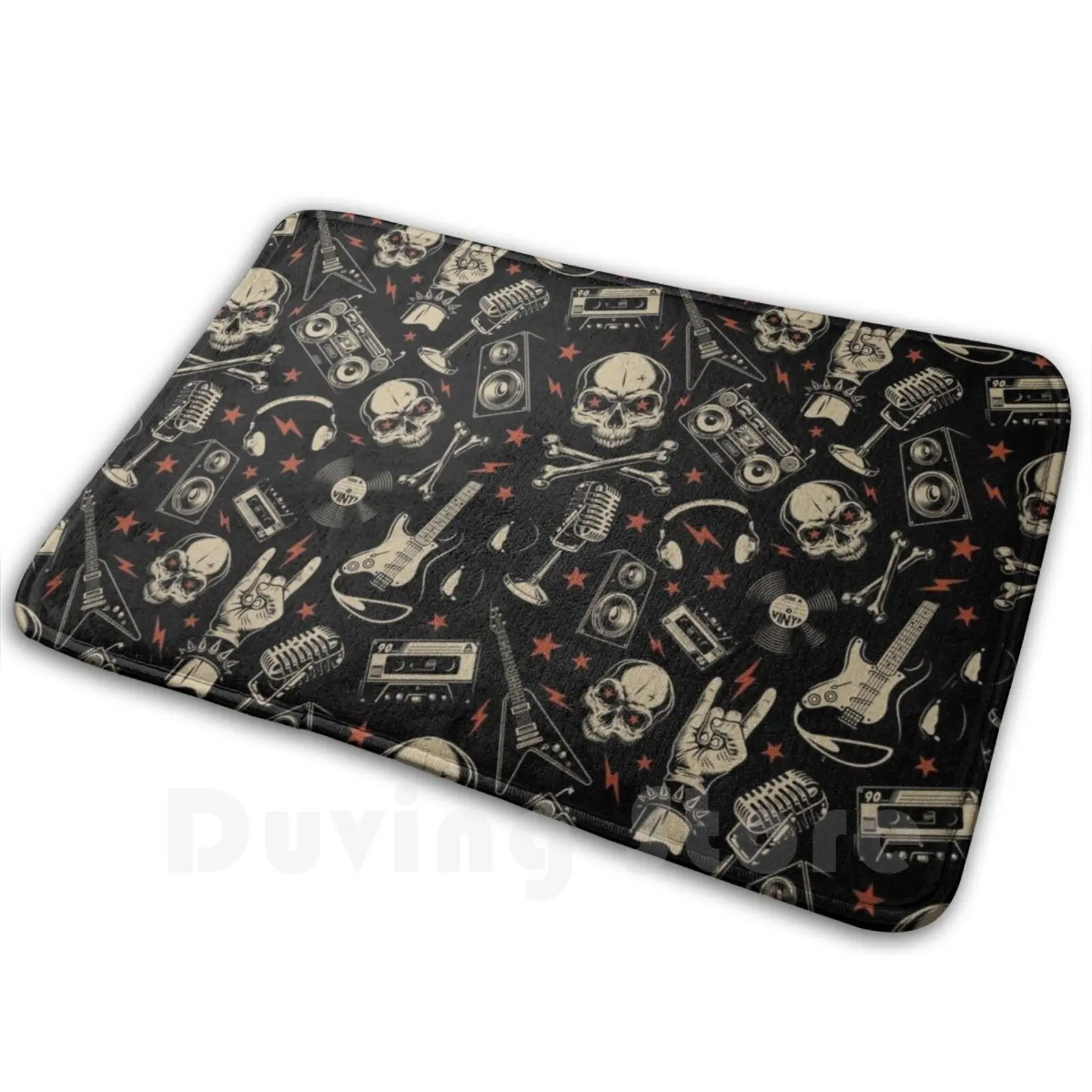 Rock And Roll Retro Skull Mat Rug Carpet Anti-Slip Floor Mats Bedroom And Roll Music Classic N Roll Skull Retro Vintage Guitar