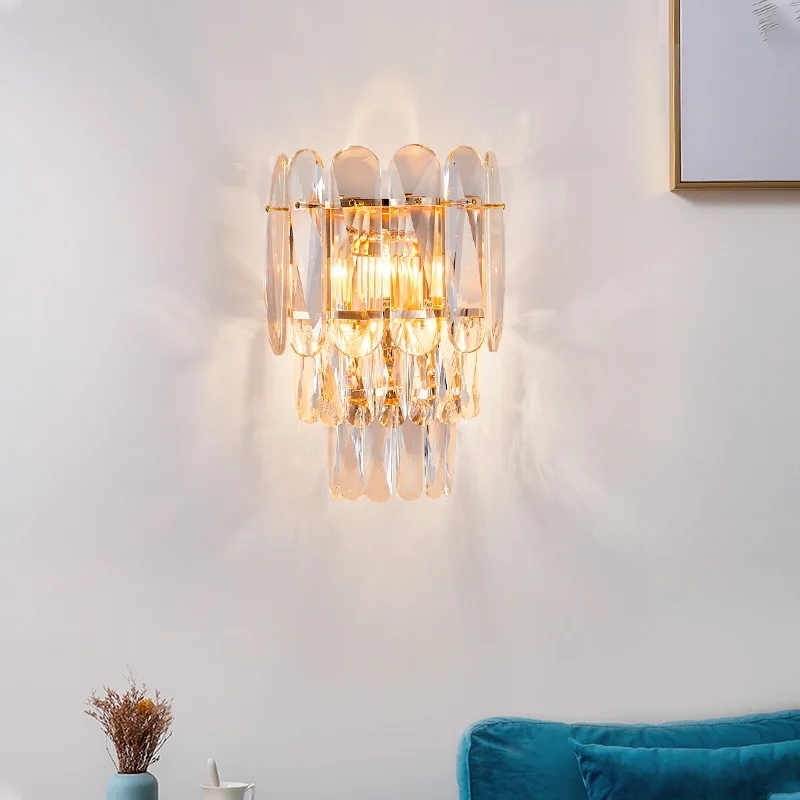 Energy Saver-Modern Amber/Smoky crystal wall light living room decoration bedroom bedside wall lamp home decor gold sconce