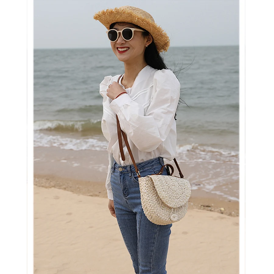 Casual Summer Handmade Straw Bags Women Rattan Handbag Half Moon Shoulder Bags All-Match Travel Weave Messenger Crossbody Bag