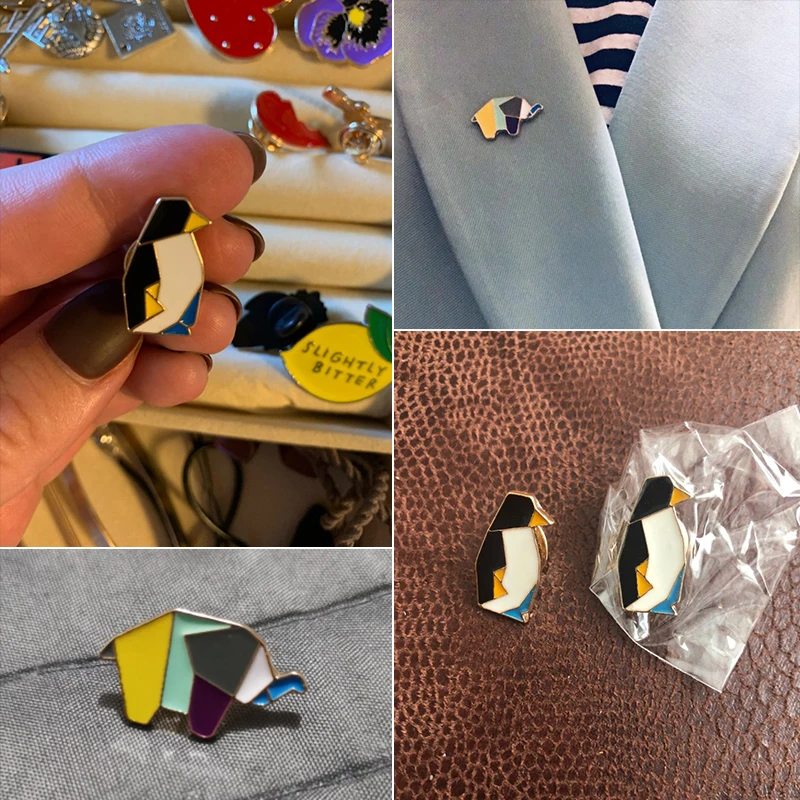 Fashion Origami Crane Rabbit Penguin Elephant Cat Goose Whale Horse Brooches Colorful Splicing Animal Enamel Pins Badges Jewelry
