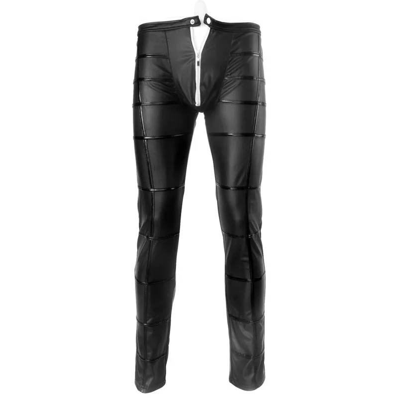 Mens Trousers PU Leather Zipper Open Crotch Pencil Pants Wetlook Broek Fitness Motorcycle Streetwear Gay Latex Lingerie Leggings