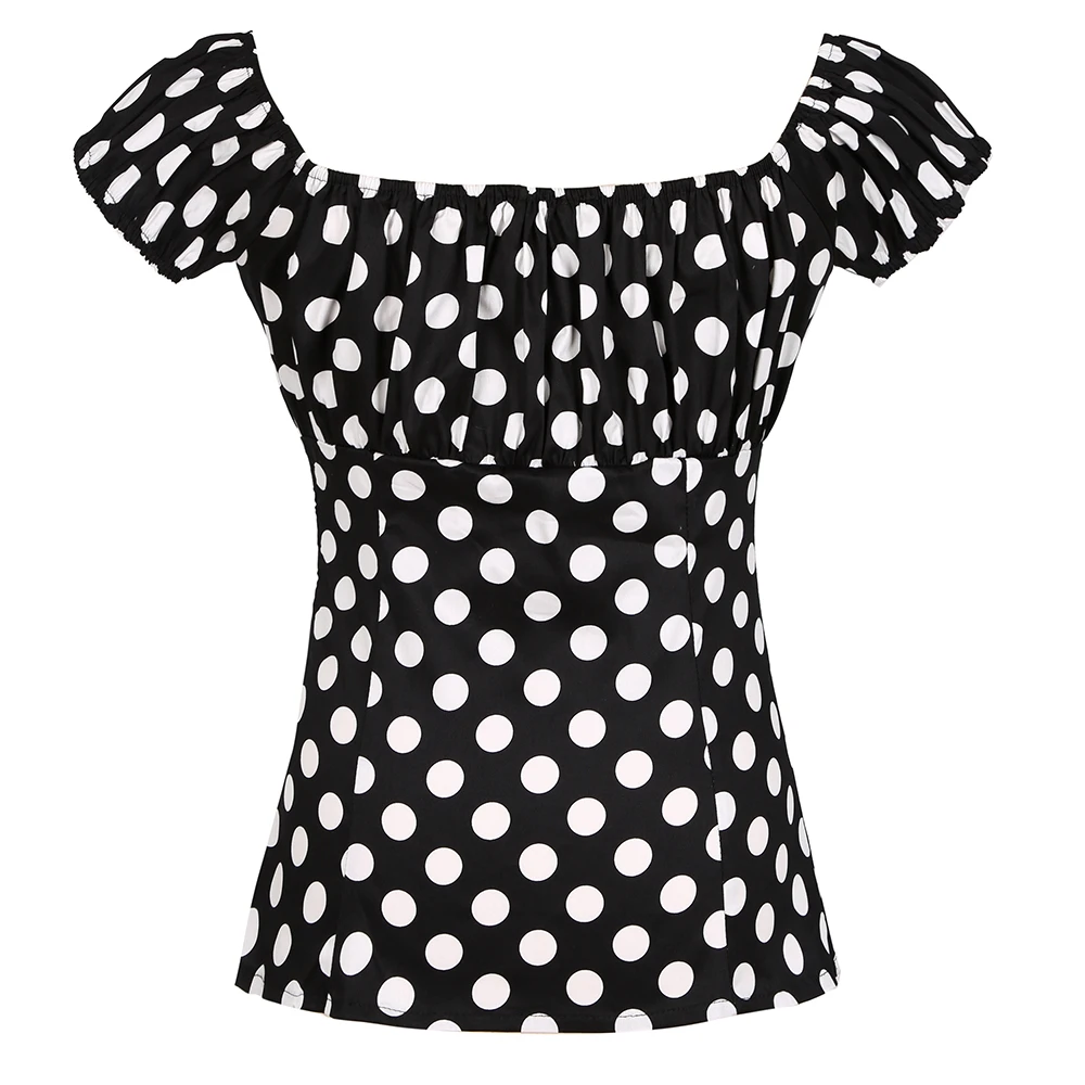 2024 Retro Vintage 50s Tops Black Summer Short Sleeve Polka Dot Printed Cotton Shirts Slash Neck Pin Up Casual Women\'s Blouses