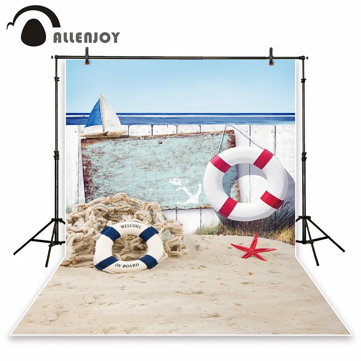 Allenjoy photography backdrop Lifebuoy Fishing net starfish Sailing ship woodboard Beach sea summer tropical banner background