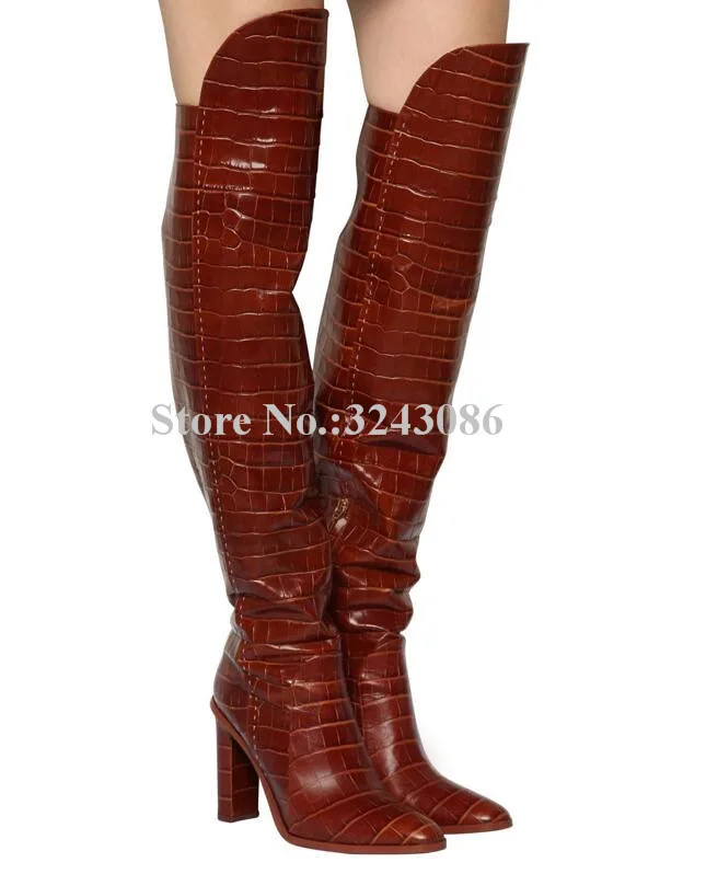 New Crocodile Leather Chunky Heel Over the Knee Boots Woman Round Toe Brown Thick Heel Long Boots Lady Large Size Winter Shoes