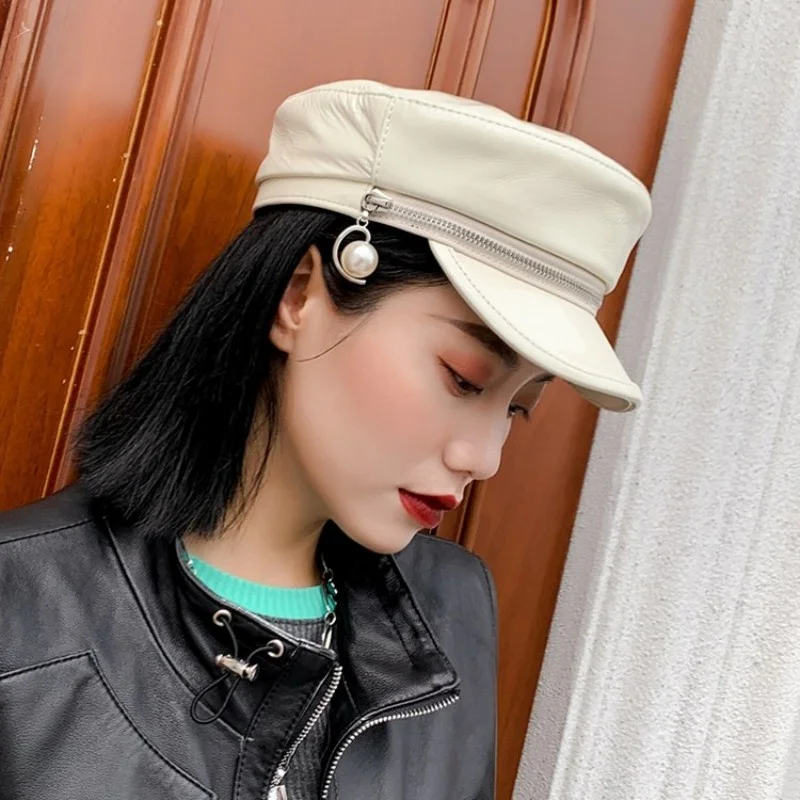 Women Fashion White Sheepskin Genuine Leather Hat Zipper Pearl Military Flatcap Beret Casual Beanie Streetwear Female Bonnet