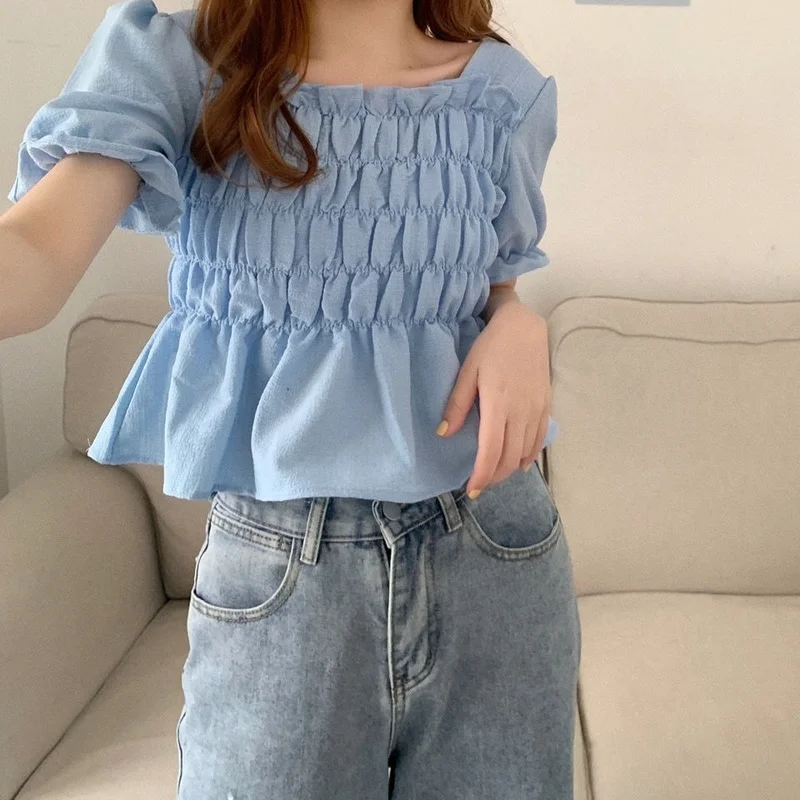 Blouses Women Puff Short Sleeve Cropped Solid Simple Korean Style Summer Student Gentle Feminino Tops All-match Fashion Leisure