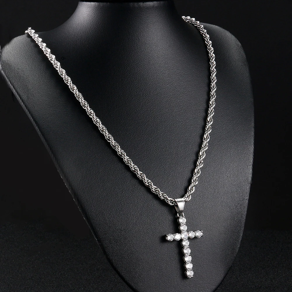 4mm Shining Zircon Cross Necklaces 2021 New 316L Stainless Steel Rope Chain For Women Men Hip Hop Pendant Chokers Jewelry