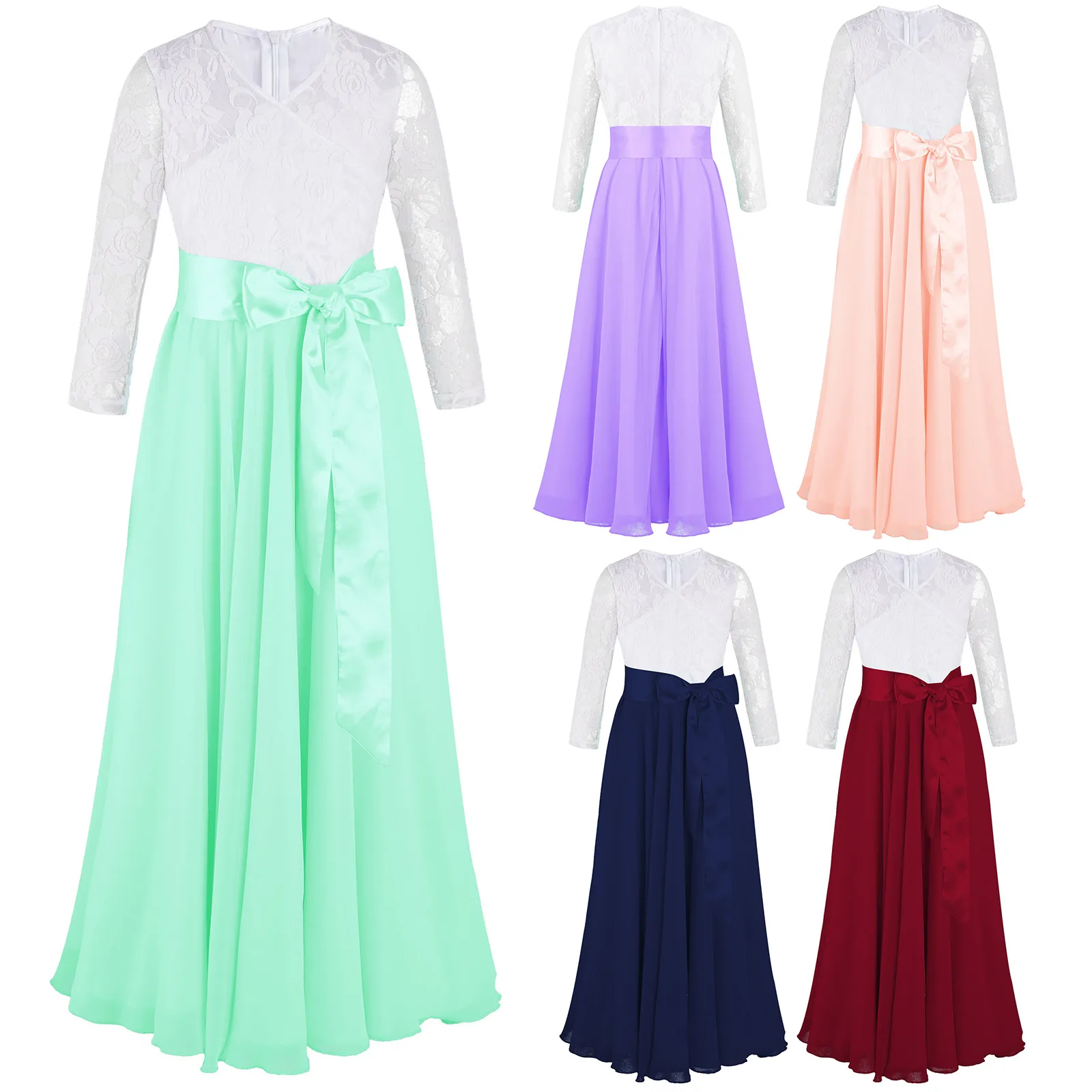 Kids Flower Girls Summer Dress V Neck Long Sleeve Floor Length Chiffon Princess Lace Dress with Satin Sash for Wedding Party