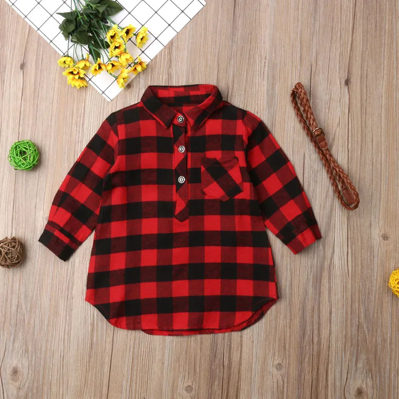 Lioraitiin 1-5Years Toddler Baby Girls New Christmas Long Shirt Dress Tops Long Sleeve Red Plaid Straight Knee-Length Dress Belt