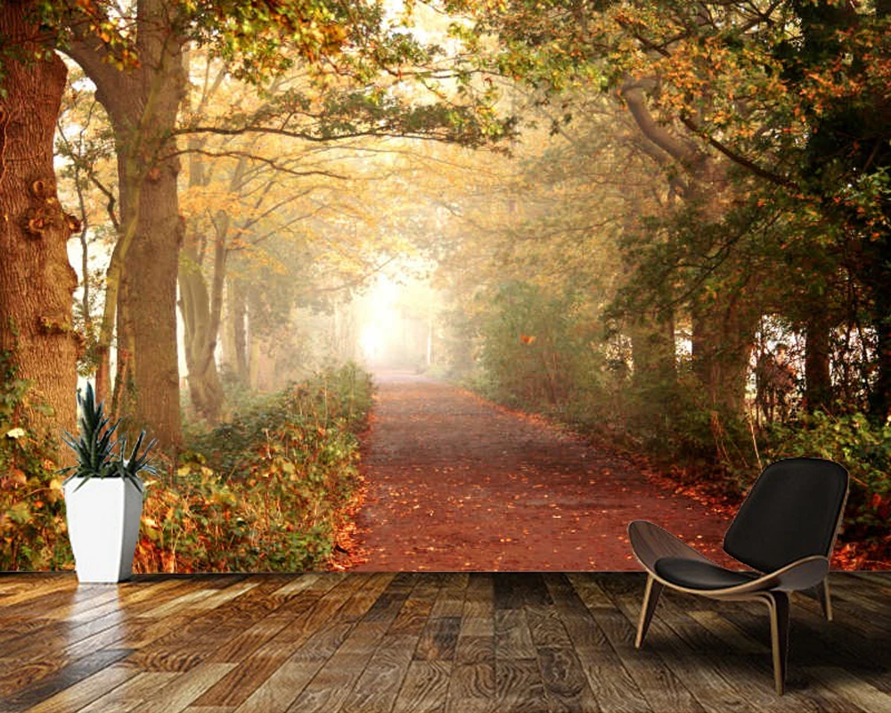 

A misty road in the autumn forest natural landscape wallpaper,living room tv wall bedroom wall papers home decor mural