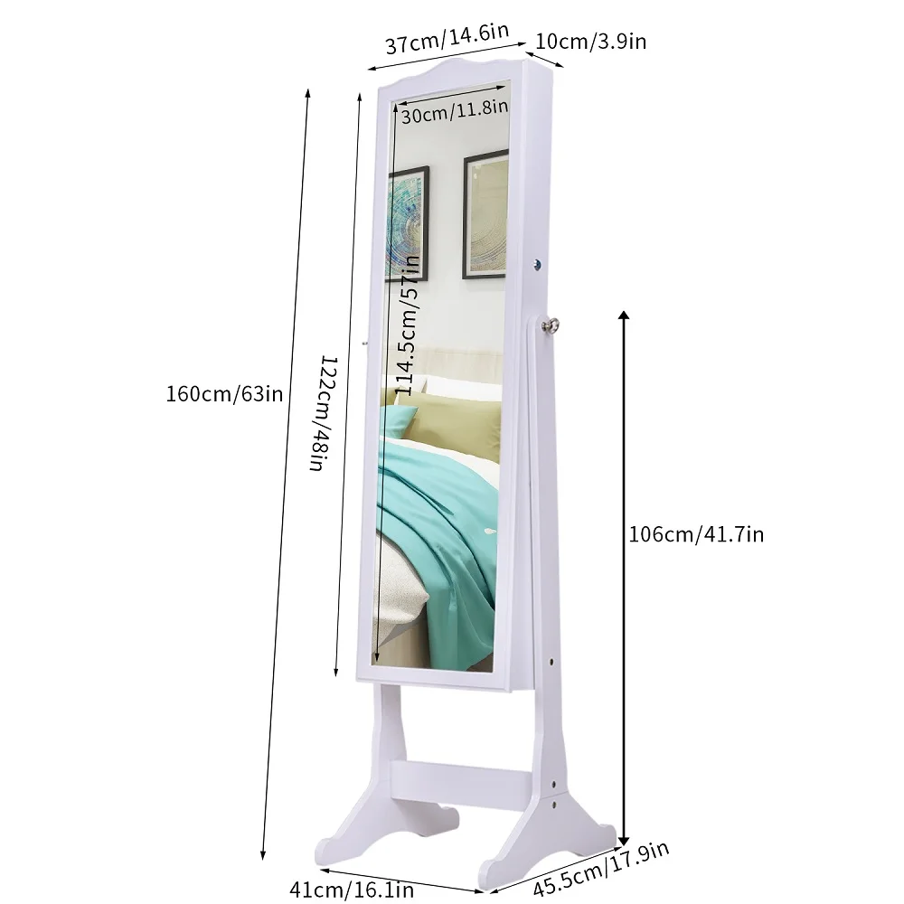 Full Body Dressing Mirror Jewelry Storage Cabinet Wall-Mounted or Upright Decoration Retro PVC Wood Grain Coating Various Hooks