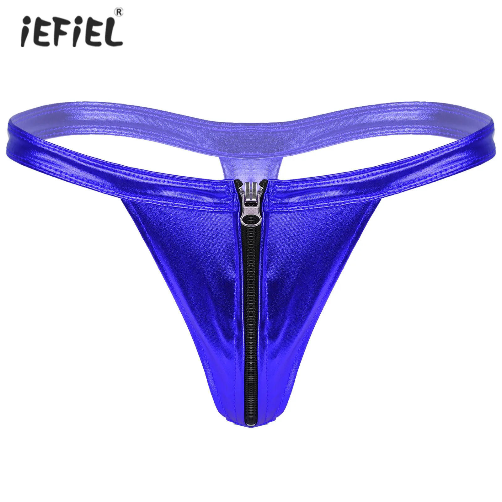 Mens Shiny Solid Color Panties Bulge Pouch G-string Thong Glossy Zipper Front Underwear Elastic Waistband Low Waist T-back Brief