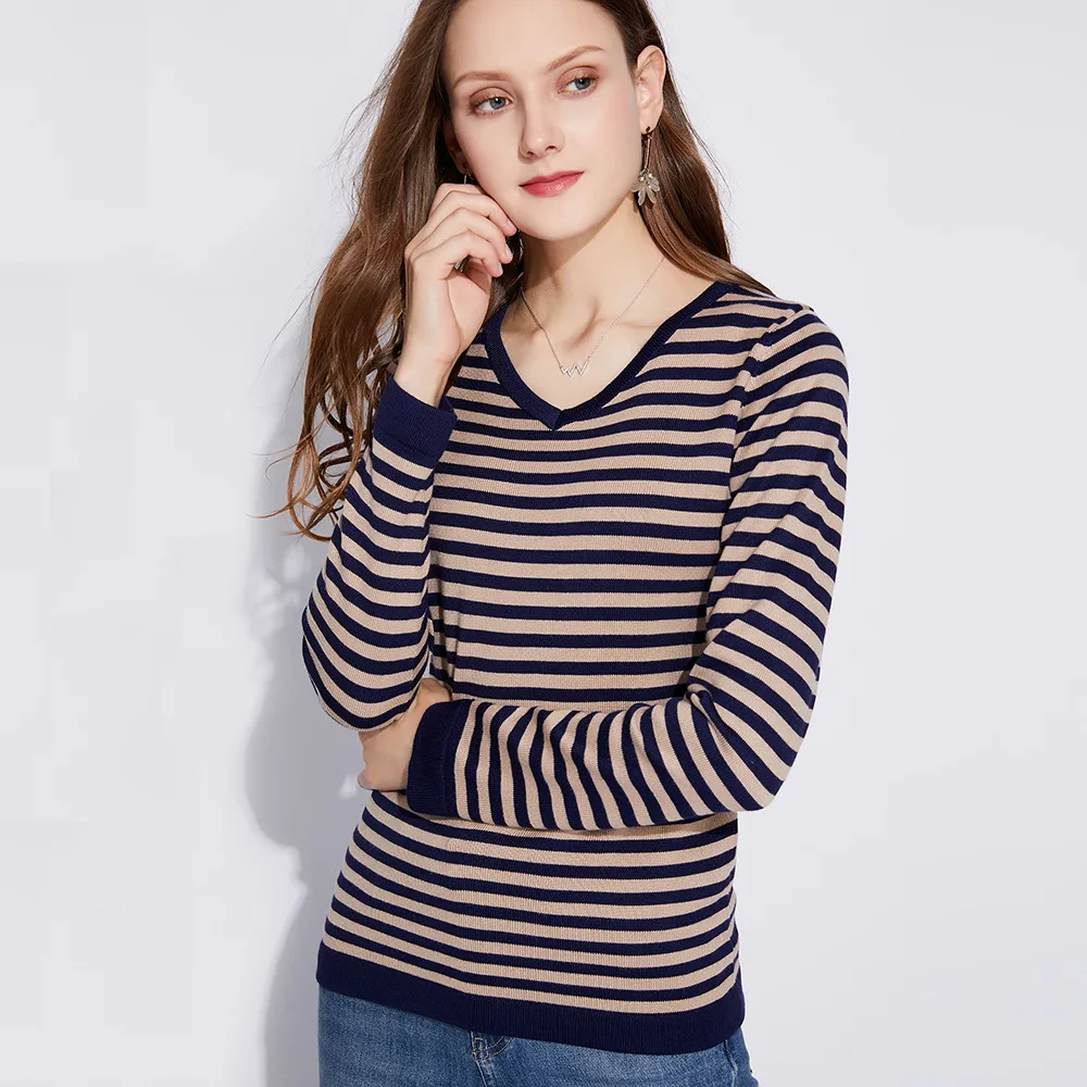 Women'S Spring Autumn Casual Knitted Sweater Fashion Striped Patchwork Long Sleeve Pullover Sexy Woman V-Neck Tops