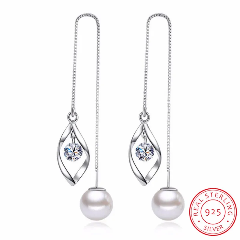 En yeni kolye 925 damga gümüş renk büküm zirkon inci uzun püskül kulak hattı damla küpe kadınlar için küpe S-E311