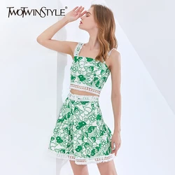 TWOTWINSTYLE Print Two Piece Set For Women Square Collar Sleeveless Tops High Waist Lace A Line Skirts Sexy Sets Female 2021 New