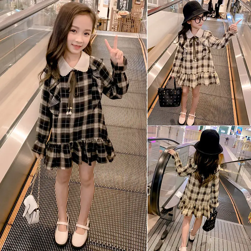 New Arrival Girls' Spring Autumn Plaid Dress 2021 New Korean Princess Dress Kids Fashion Ruffles Dresses One Piece Clothes P416